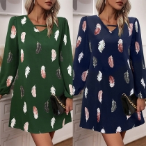 Fashion Feather Printed V-neck Long Sleeve Mini Dress