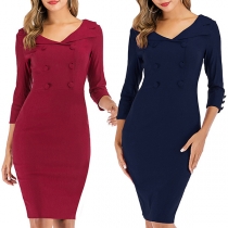 Fashion Solid Color Double-breasted V-neck Long Sleeve Bodycon Dress