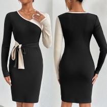 Fashion Contrast Color V-neck Long Sleeve Self-tie Bodycon Dress