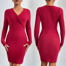 Fashion Knot V-neck Long Sleeve Ribbed Dress