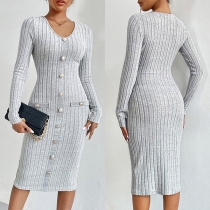 Elegant V-neck Buttoned Long Sleeve Ribbed Dress