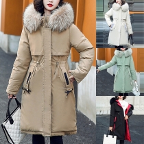 Fashion Artificial Fur Spliced Hooded Long Sleeve Drawstring Waist Quilted Cotton Jacket for Women