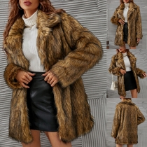 Street Fashion Artificial Fur Notch Lapel Long Sleeve Jacket for Women