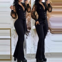 Sexy Lace Spliced Long Sleeve Buttoned V-neck Self-tie Wide-leg Jumpsuit