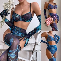 Fashion Semi-through Printed Five-piece Lingerie Set Consist of Bra, Belt Girdle, Panties, Gloves and Over-the-knee Socks