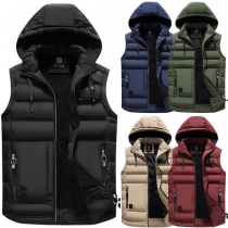 Fashion Solid Color Multi-zipper Detachable Hooded Sleeveless Quilted Vest for Men （Size Run Small）