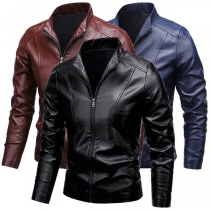 Street Fashion Solid Color Stand Collar Long Sleeve Artificial Leather PU Jacket for Men
