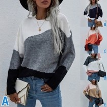 Street Fashion Contrast Color Round Neck Long Sleeve Sweater