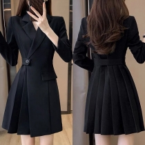 Elegant Notch Lapel Long Sleeve Pleated Suit Dress