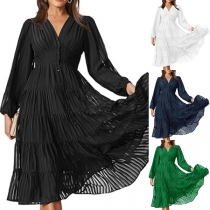 Elegant Solid Color Buttoned V-neck Long Sleeve Pleated Tiered Dress