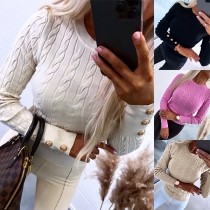 Fashion Solid Color Cable Pattern Round Neck Long Sleeve Buttoned Shirt