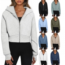 Fashion Solid Color Hooded Long Sleeve Zipper Crop Jacket