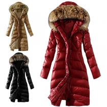Fashion Long Sleeve Artificial Fur Spliced Hooded Longline Coat for Women