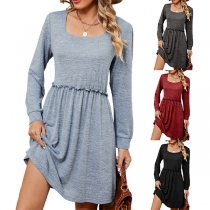 Casual Solid Color Square Neck Long Sleeve Cinch Waist Mini Dress