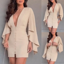 Sexy Solid Color Plunge V-neck Ruffle Elbow Sleeve Buttoned Bodycon Dress