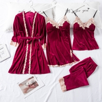 Comfy Contrast Color Lace Spliced Velvet Four-piece Pajamas Set