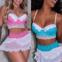 Sexy Contrast Color Ruffled Semi-through Two-piece Lingerie Set