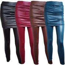 Fashion Solid Color High Waist Artificial Leather PU Mock Two-piece Leggings （Size Run Small）