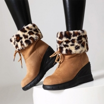 Fashion Leopard Print Plush Spliced Wedge Anti-slip Ankle Snow Boots