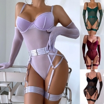 Sexy Three-piece Lingerie Set Consist of Semi-through Lingerie Bodysuit and Gloves