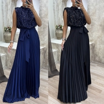 Sexy Sequined Bling-bling Mock Neck Sleeveless Self-tie Pleated Dress