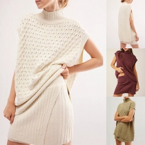 Fashion Knitted Two-piece Set Consist of Sleeveless Mock Neck Sweater and Slit Skirt