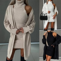 Fashion Plush Two-piece Set Consist of Turtleneck Sleeveless Bodycon Dress and Cardigan（Size Run Small）