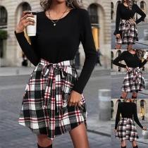 Fashion Contrast Color Round Neck Long Sleeve Self-tie Plaid Mini Dress