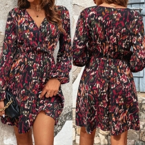 Vintage Floral Printed V-neck Long Sleeve Mini Dress