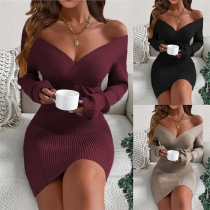 Fashion Solid Color V-neck Long Sleeve Ribbed Dress