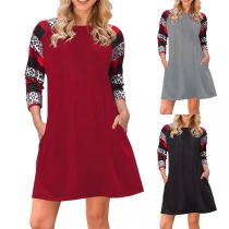 Fashion Leopard Printed Long Sleeve Round Neck Mini Dress