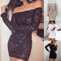 Sexy Sequined Off-the-shoulder Long Sleeve Bodycon Party Dress