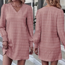 Fashion Solid Color V-neck Long Sleeve Pink Mini Dress