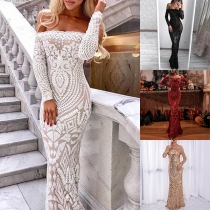 Fashion Sexy Sequined  Off-the-shoulder Long Sleeve Maxi Party Dress