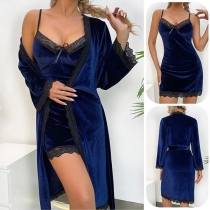 Comfy Lace Spliced Two-piece Pajamas Set Consist of Robe and Nightwear Dress
