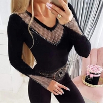 Fashion Rhinestone Spliced V-neck Long Sleeve Shirt