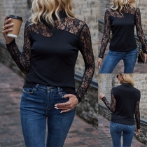 Fashion Lace Spliced Mock Neck Long Sleeve Shirt