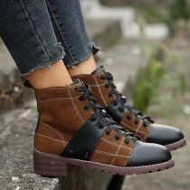Vintage Artificial Leather PU Spliced Contrast Color Lace-up Ankle Boots