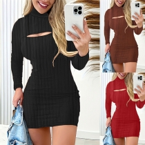 Sexy Mock Neck Long Sleeve Front Cutout Ribbed Bodycon Dress