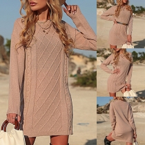 Fashion Cable Pattern Round Neck Long Sleeve Sweater Dress