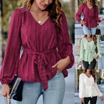 Fashion Vertical Stripe V-neck Long Sleeve Shirt with Self-tie Belt