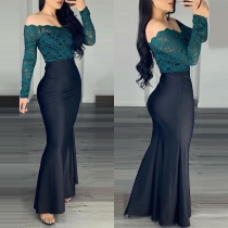 Fashion Two-piece Set Consist of Off-the-shoulder Lace Shirt and Maxi Skirt
