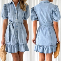 Fashion Old-washed Stand Collar Short Sleeve Buttoned Self-tie Denim Dress