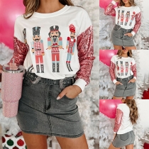 Street Fashion Printed Sequin Spliced Long Sleeve Shirt