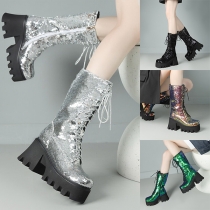 Street Fashion Sequined Side Zipper Lace-up Platform Boots