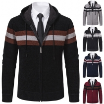 Fashion Contrast Color Long Sleeve Drawstring Hooded Knitted Cardigan for Men