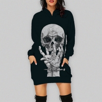 Punk Fashion Skull Printed Hooded Long Sleeve Sweatshirt Dress