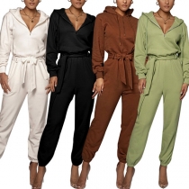 Fashion Solid Color Half-zipper Self-tie Waist Drawstring Hooded Jumpsuit