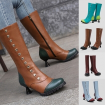 Vintage Contrast Color Rivet Side Zipper Low Heeled Artificial Leather PU Boots