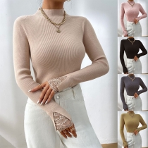 Fashion Solid Color Mock Neck Long Sleeve Ribbed Shirt